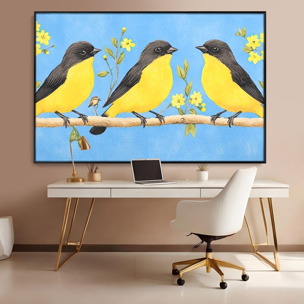 Tablou canvas cu tablou canvas cu trei pasari pe ramura, in rama de aluminiu negru, pe perete intr-un birou